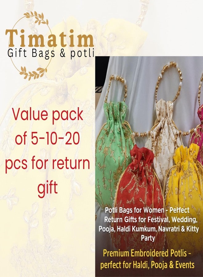 Timatim Women’s Embroidered Potli Bag | Return Gift Potli for Wedding, Haldi Kumkum, Pooja, Navratri & Festive Events | Silk Potli with Pearl Handle & Golden Thread Work (10) - Image 4